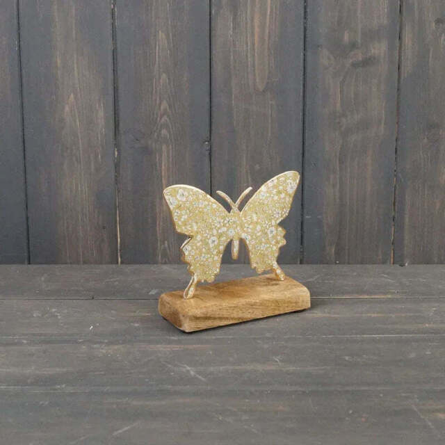 Floral Metal Butterfly On Wooden Base - 2 Sizes, 3 Colours - Green 14cm