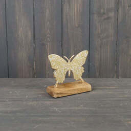 Floral Metal Butterfly On Wooden Base - 2 Sizes, 3 Colours - Green 14cm