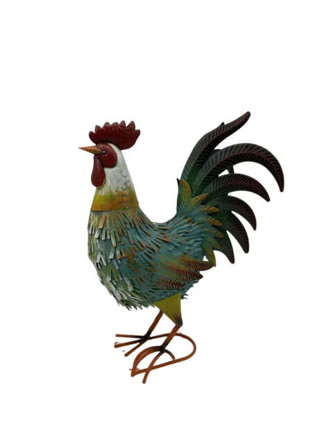 Garden metal cockerel/ hen blue, white and yellow named Noah measuring 16 x 22 x 45cm - image 1