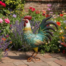 Garden metal cockerel/ hen blue, white and yellow named Noah measuring 16 x 22 x 45cm - thumbnail 2