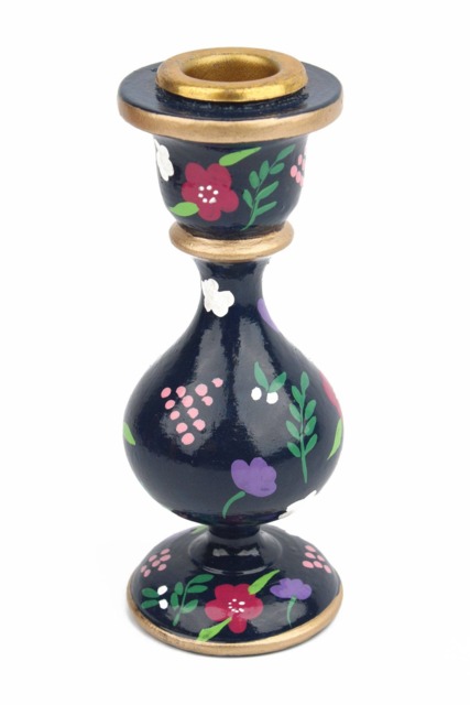 Navy Hand-Painted Wooden Candlestick Holder - Available in Two Sizes - Medium