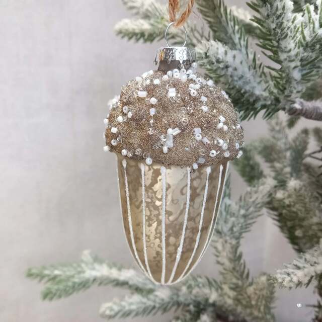 Sparkled Acorn Christmas Bauble 12cm - Gold & White Glitter Glass Tree Decoration
