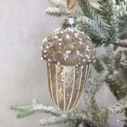 Sparkled Acorn Christmas Bauble 12cm - Gold & White Glitter Glass Tree Decoration