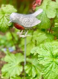 Garden Robin on Stake - Brushed Metal Bird - AluminArk Collection - 4 Colours - thumbnail 3