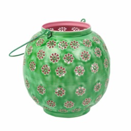 Large Green & Pink Geometric Flower Metal Lantern - Indian Handmade Candle Light - thumbnail 5