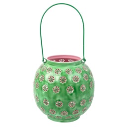 Large Green & Pink Geometric Flower Metal Lantern - Indian Handmade Candle Light