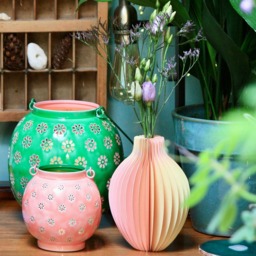 Large Green & Pink Geometric Flower Metal Lantern - Indian Handmade Candle Light - thumbnail 3