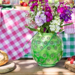 Large Green & Pink Geometric Flower Metal Lantern - Indian Handmade Candle Light - thumbnail 2