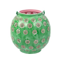 Large Green & Pink Geometric Flower Metal Lantern - Indian Handmade Candle Light - thumbnail 6