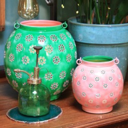 Large Green & Pink Geometric Flower Metal Lantern - Indian Handmade Candle Light - thumbnail 4