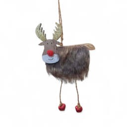 Rudolph Wooden Christmas Tree Decoration - Furry Reindeer Ornament with Gold Antlers & Bells