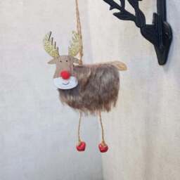 Rudolph Wooden Christmas Tree Decoration - Furry Reindeer Ornament with Gold Antlers & Bells - thumbnail 2