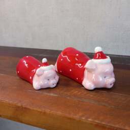 Lying Down Pig in Blanket Christmas Figure - Ceramic Festive Pig Ornament in 2 Sizes - Large