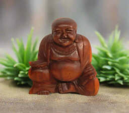 Carved Wooden Laughing Buddha 20cm - thumbnail 2