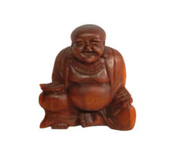 Carved Wooden Laughing Buddha 20cm - thumbnail 1