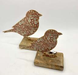Floral Metal Bird On Wooden Base - 2 Sizes, 3 Colours - Taupe 15cm