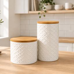 Leaf Design Ceramic Canisters Set of 2 - Bamboo Lid Tea, Coffee &amp Sugar Storage Jars