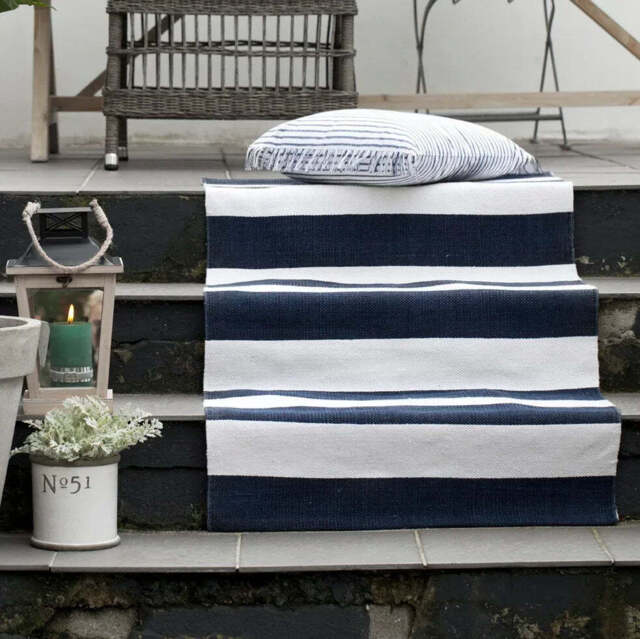 Marine Blue Striped Cotton Woven Rug Runner - image 1