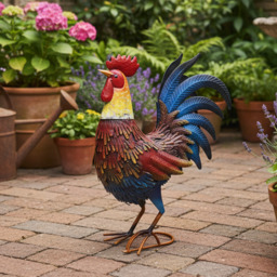 Garden metal cockerel/ hen red and blue named Isaac measuring 16 x32 x 45cm - thumbnail 2