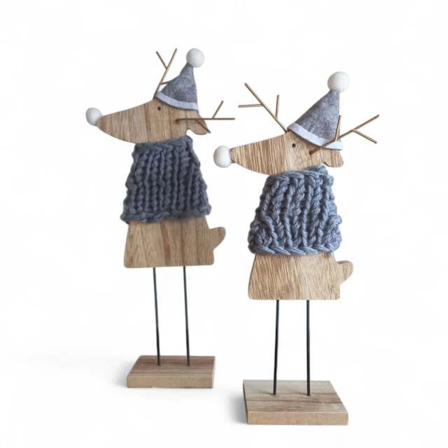 Wooden Reindeer in Knitted Jumpers Set of 2