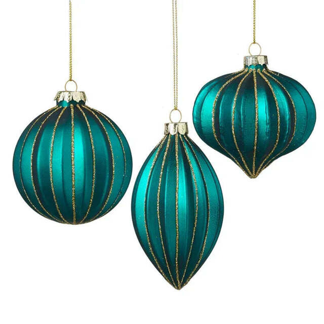 Dark Peacock Blue & Gold Glass Bauble Christmas Tree Decorations - 3 shapes - image 1