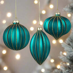 Dark Peacock Blue & Gold Glass Bauble Christmas Tree Decorations - 3 shapes - thumbnail 2