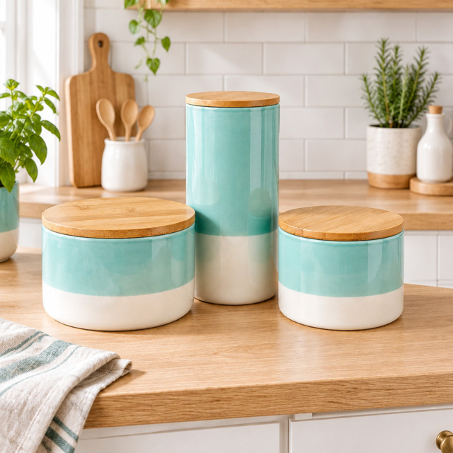 Ceramic Kitchen Canisters Set of 3 with Bamboo Lids - Tea, Coffee & Sugar Storage Jars - image 1