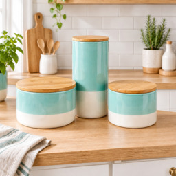 Ceramic Kitchen Canisters Set of 3 with Bamboo Lids - Tea, Coffee & Sugar Storage Jars - thumbnail 1