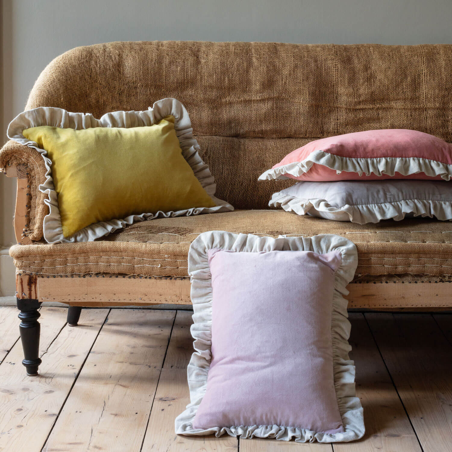 Rectangular Vintage Pink Velvet and Linen Frilled Cushion - image 1