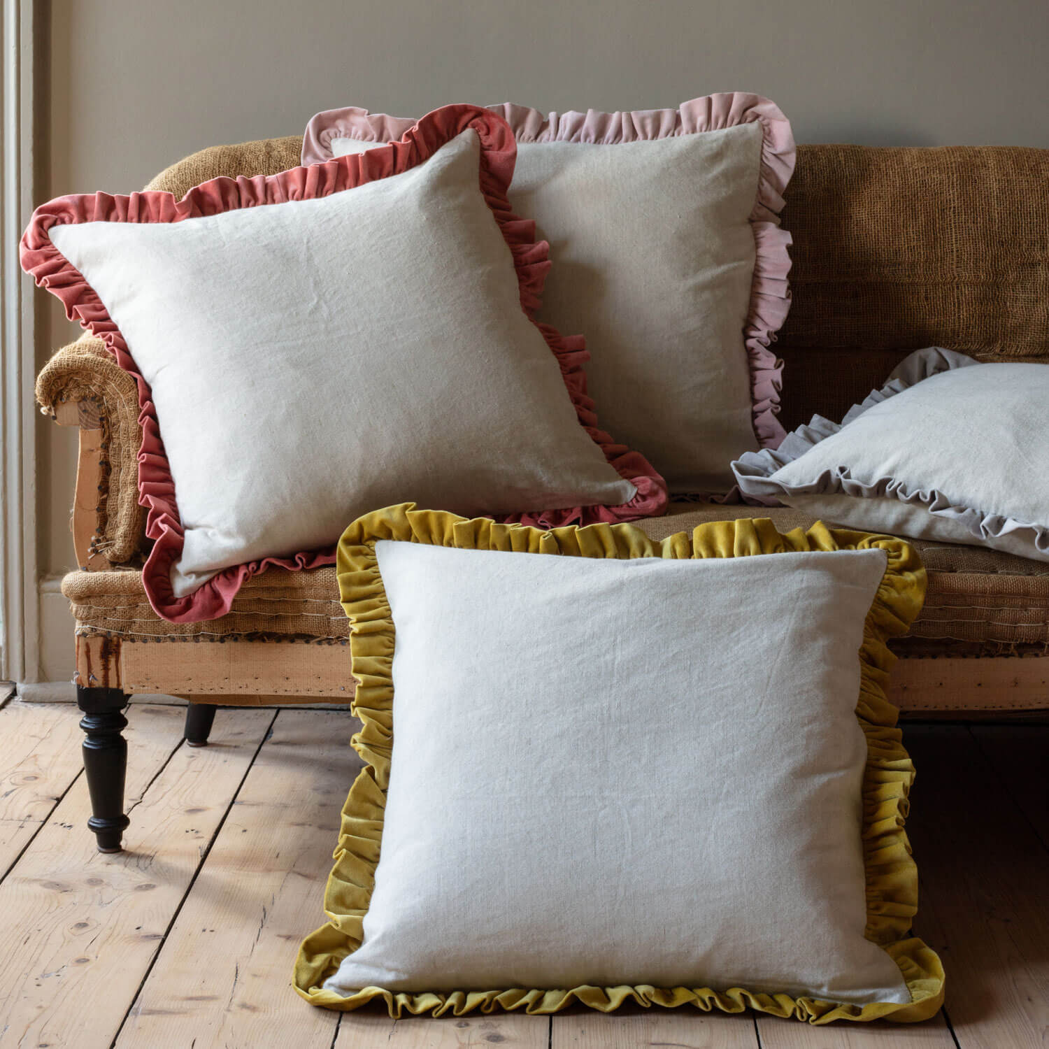 Graham and Green Large Linen and Vintage Pink Velvet Frilled Cushion - image 1