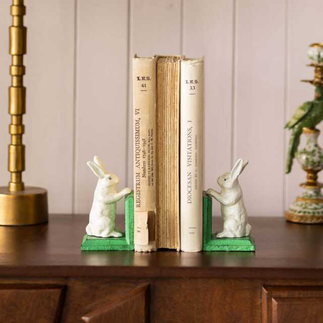 Graham and Green Antiqued Cast Iron White Rabbit Bookends - image 1