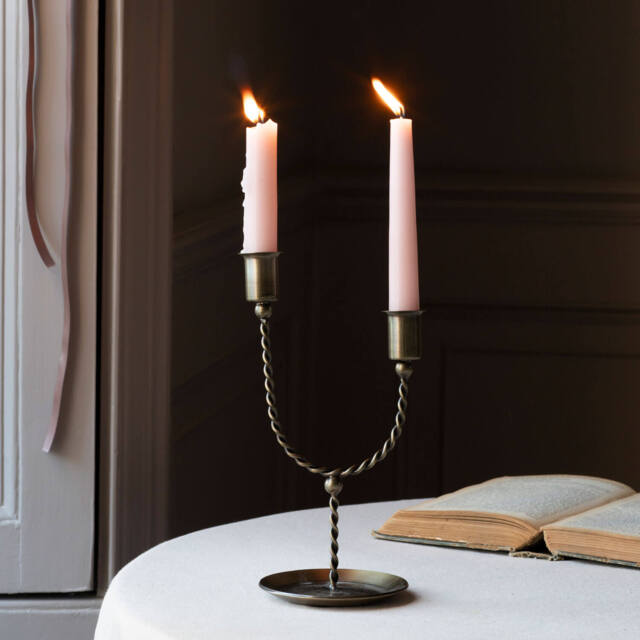 Graham and Green Twisted Antiqued Brass Double Candle Holder - image 1