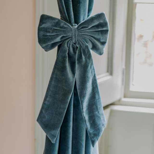 Graham and Green Set of Two Smoke Blue Velvet Bow Curtain Tie Backs - image 1