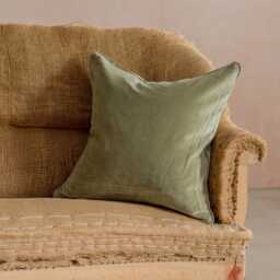 Graham and Green Thyme Velvet Square Cushion with Linen Trim - thumbnail 1
