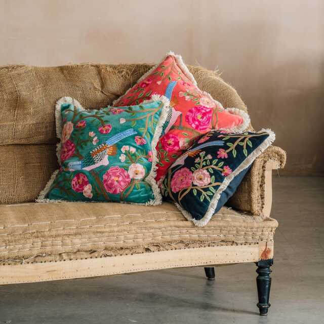 Graham and Green Songbird Square Coral Velvet Cushion - image 1