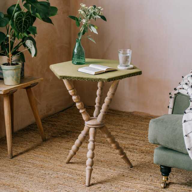 Graham and Green Moss Velvet Hexagonal Bobbin Side Table - image 1