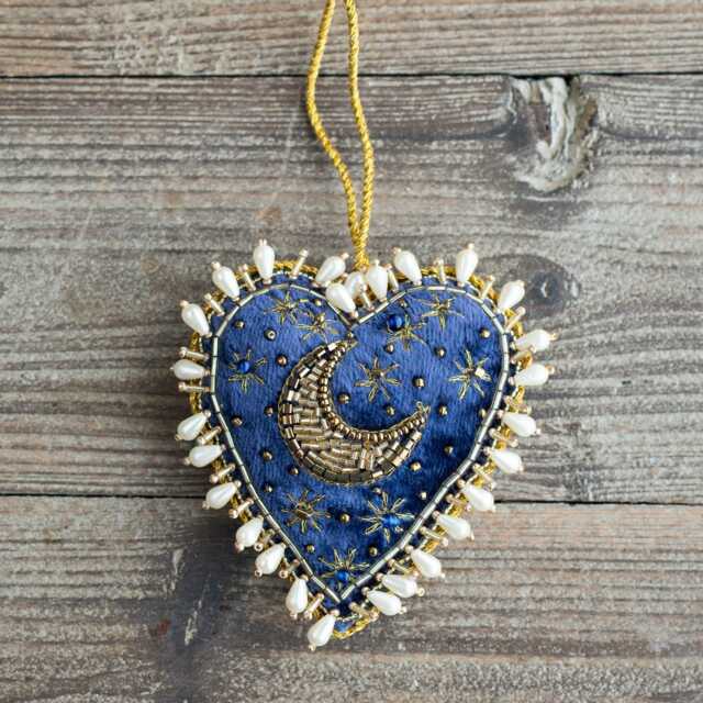 Graham and Green Blue Velvet Heart Embroidered Christmas Tree Decoration - image 1