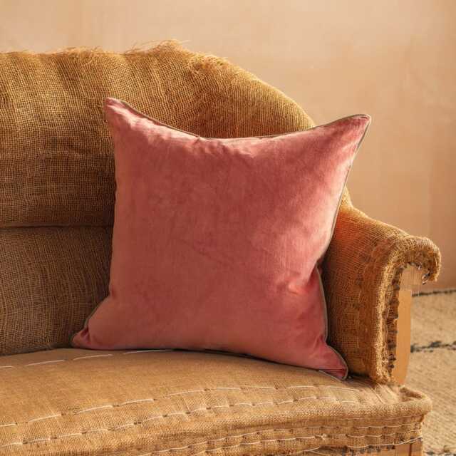 Graham and Green Tea Rose Velvet Square Cushion with Linen Trim - image 1