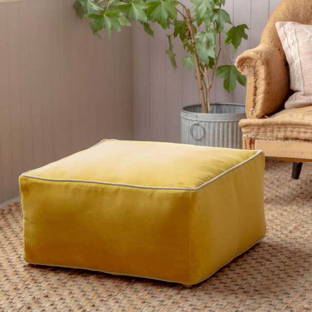 Graham and Green Mustard Velvet Pouffe - image 1