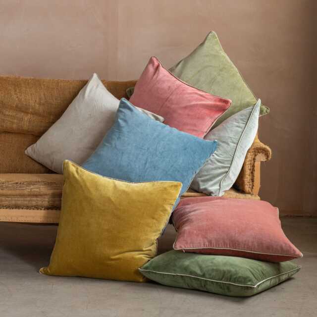 Graham and Green Pale Sage Velvet with Linen Piping Large Square Cushion - image 1