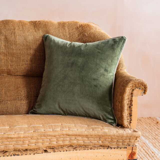 Graham and Green Olive Velvet Square Cushion with Linen Trim - image 1