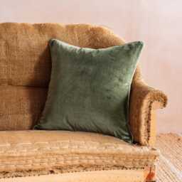 Graham and Green Olive Velvet Square Cushion with Linen Trim - thumbnail 1