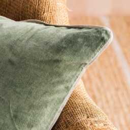 Graham and Green Olive Velvet Square Cushion with Linen Trim - thumbnail 2