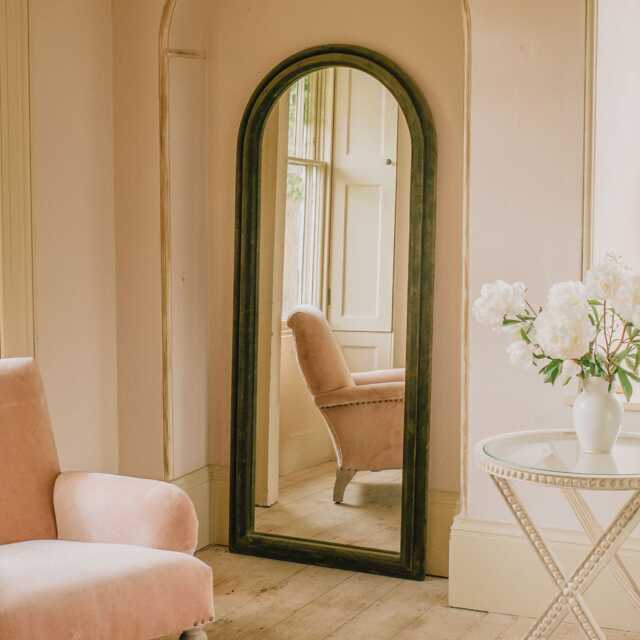 Graham and Green Olive Velvet Tall Arched Wall Mirror - image 1