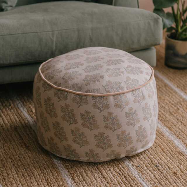 Graham and Green Blossom Hand-Block Printed Round Pouffe