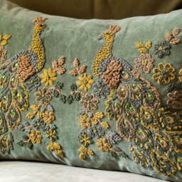 Graham and Green Peacock Embroidered Velvet Rectangular Cushion - thumbnail 2