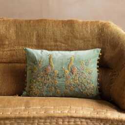 Graham and Green Peacock Embroidered Velvet Rectangular Cushion