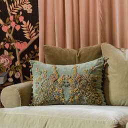 Graham and Green Peacock Embroidered Velvet Rectangular Cushion - thumbnail 4