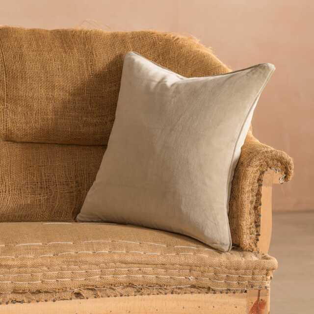 Graham and Green Sand Velvet Square Cushion with Linen Trim