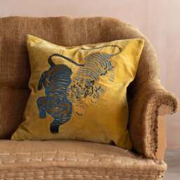 Graham and Green Tiger Mustard Velvet Square Cushion - thumbnail 4